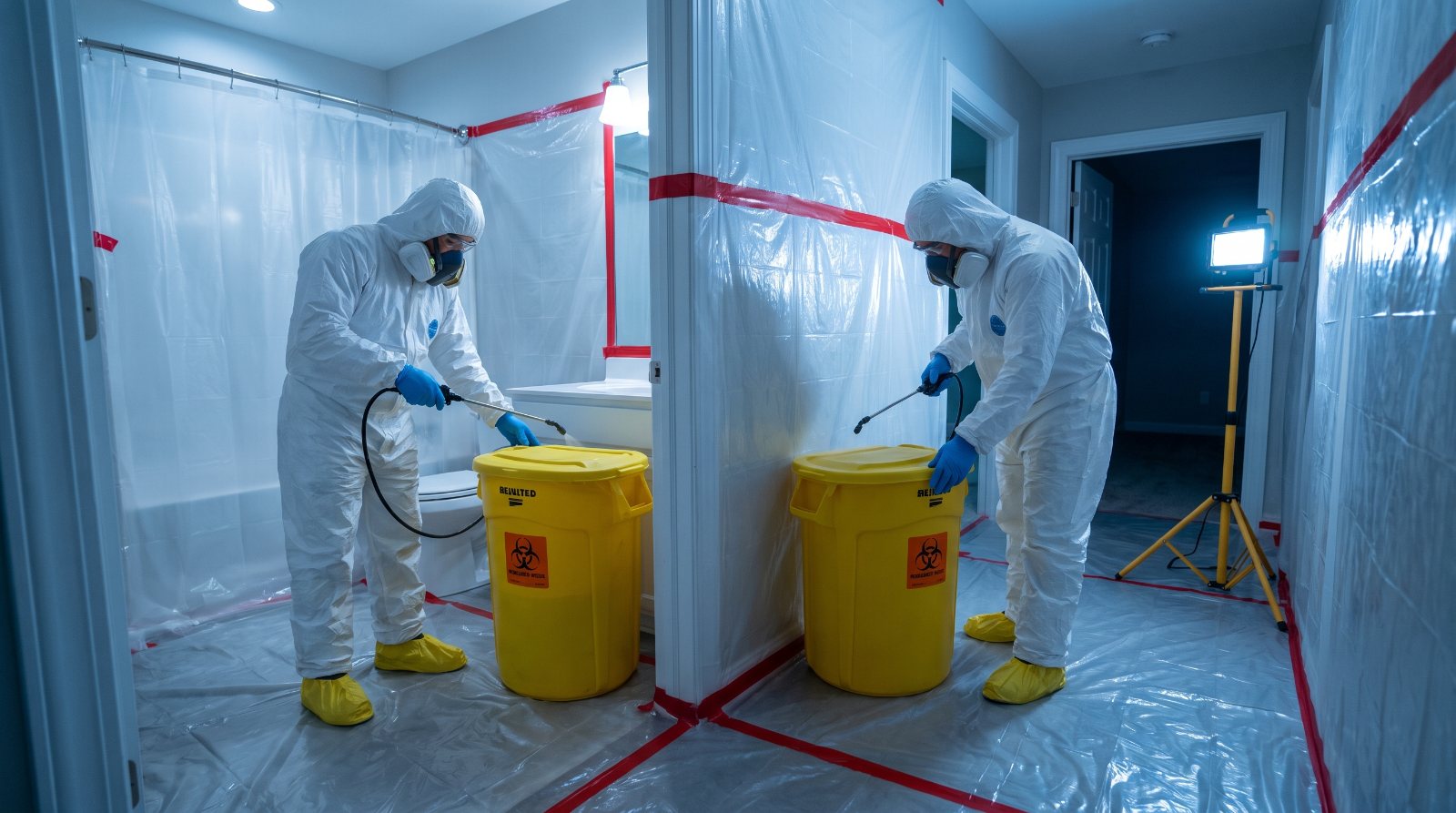 Biohazard decontamination technicians in protective coveralls in Erie, PA