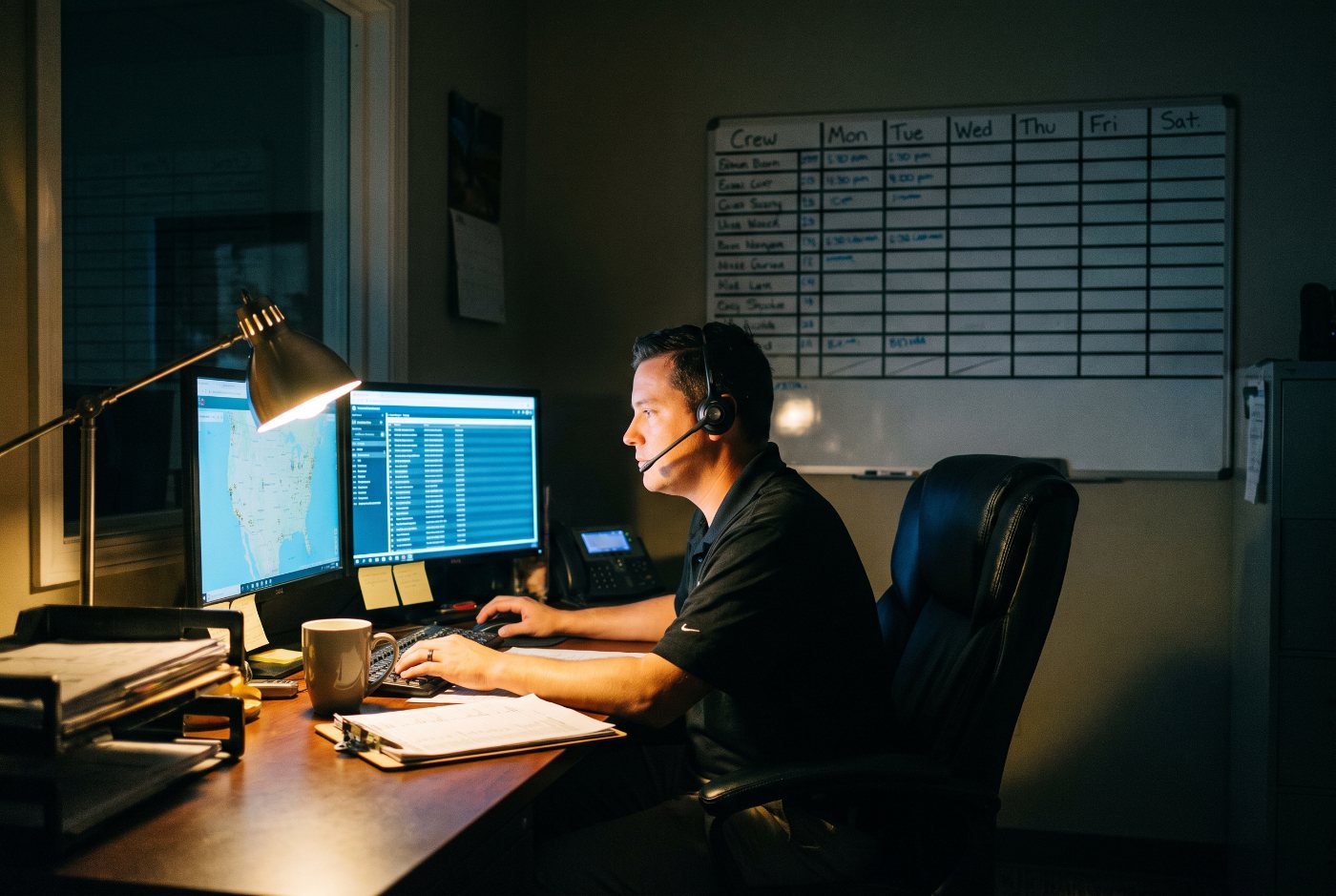Shield Restoration dispatch desk at night