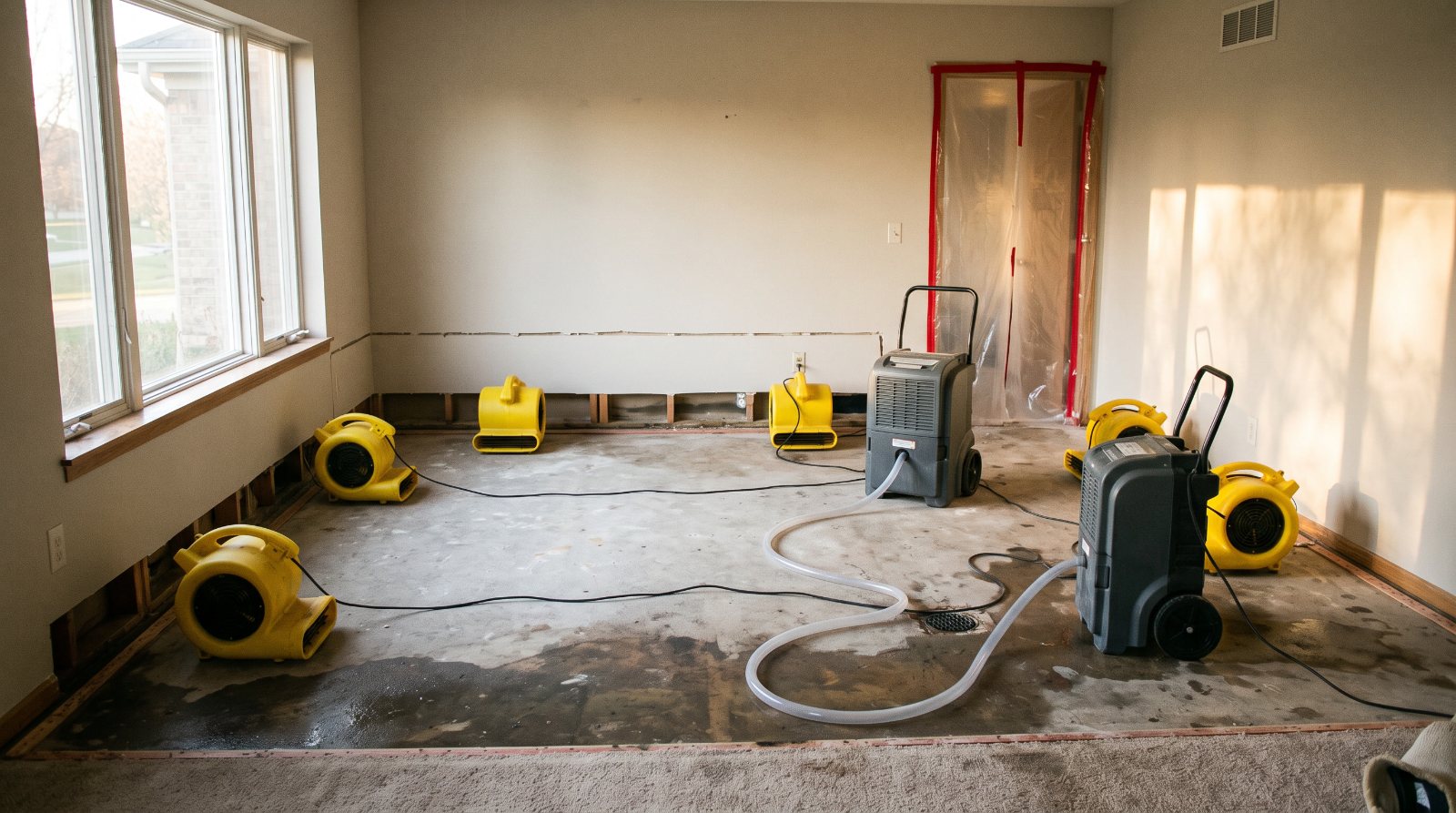 Air movers and commercial dehumidifiers drying a water damaged living room