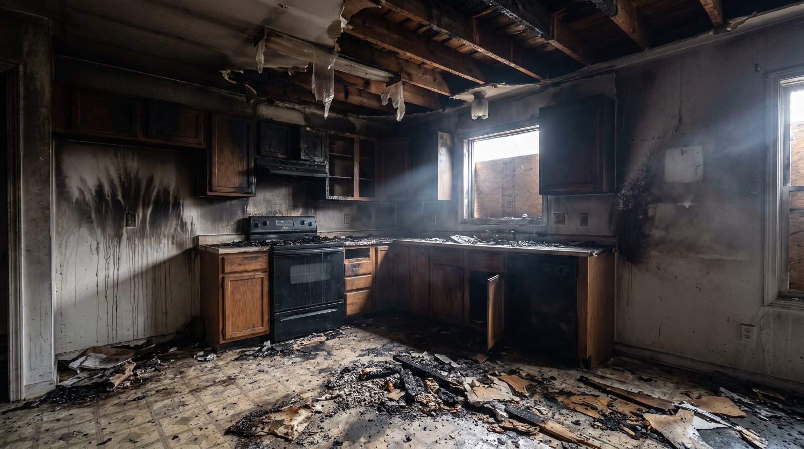 Fire damaged kitchen interior with soot and charred cabinets in Erie, PA