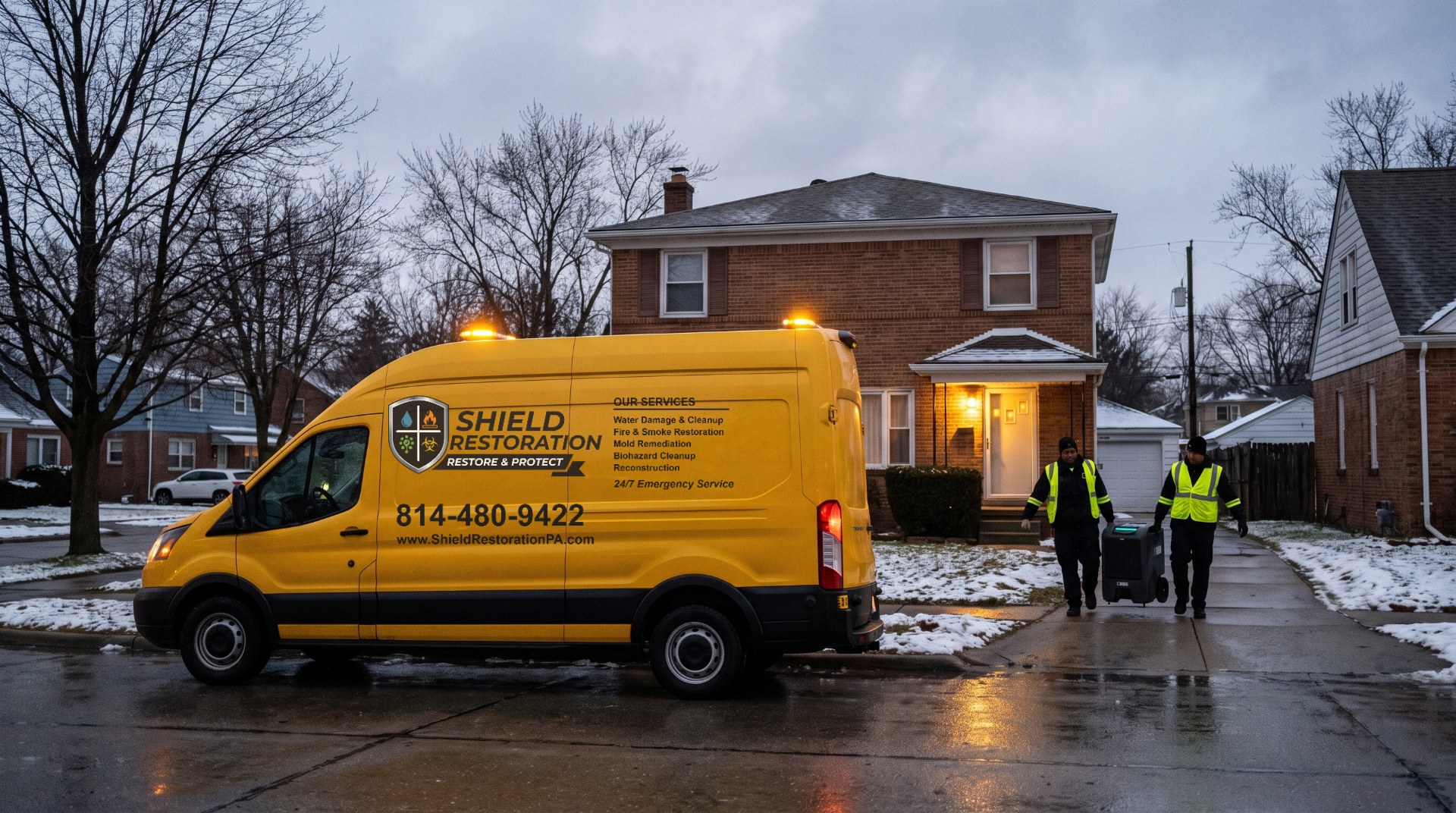 Shield Restoration crew unloading equipment at a fire-damaged home
